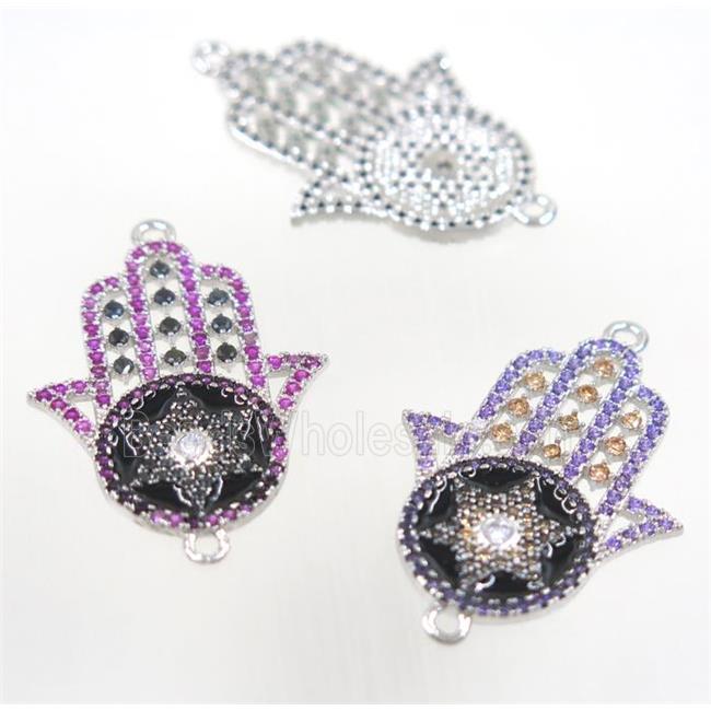 copper Hamsahand connector paved zircon, platinum plated, mix