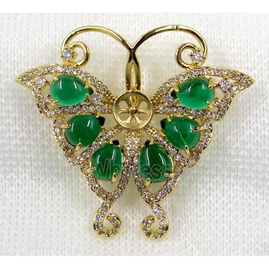 copper brooch paved zircon, gold plated, butterfly, green jade