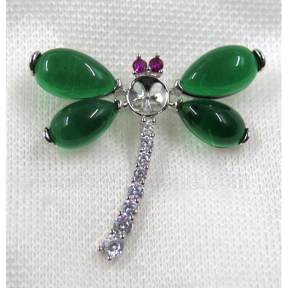 copper dragonfly brooch paved zircon with green jade, platinum plated
