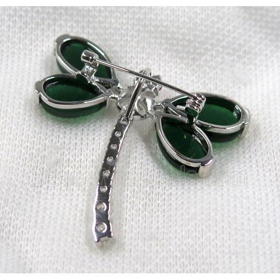 copper dragonfly brooch paved zircon with green jade, platinum plated