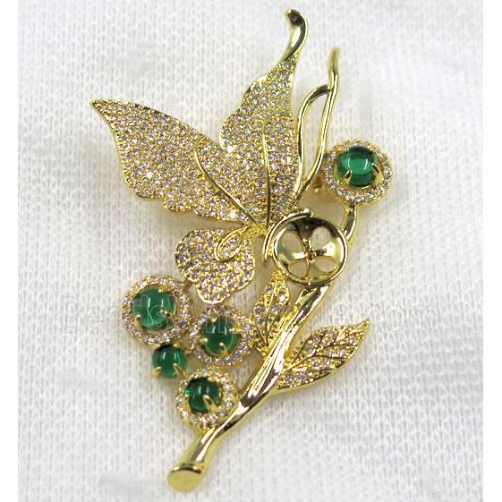 copper brooch paved zircon, gold plated