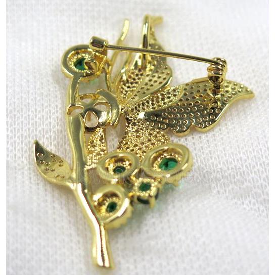 copper brooch paved zircon, gold plated
