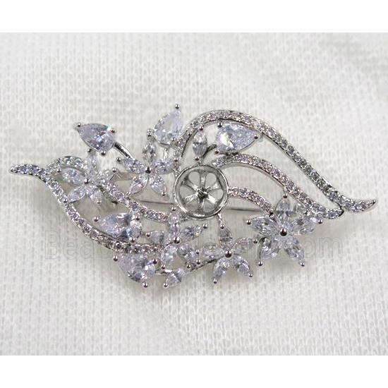 copper flower brooch paved zircon, platinum plated