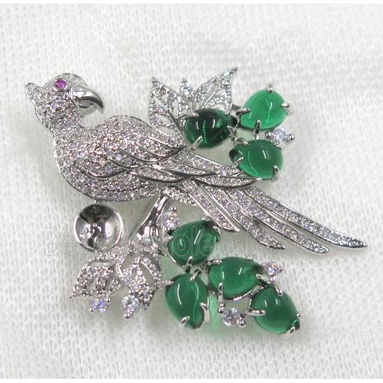 copper brooch paved zircon, platinum plated, bird