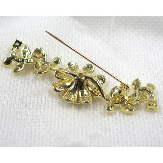 copper flower brooch paved zircon, gold plated