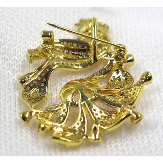 copper peacock brooch paved zircon, gold plated