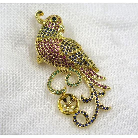copper peacock brooch paved zircon, gold plated