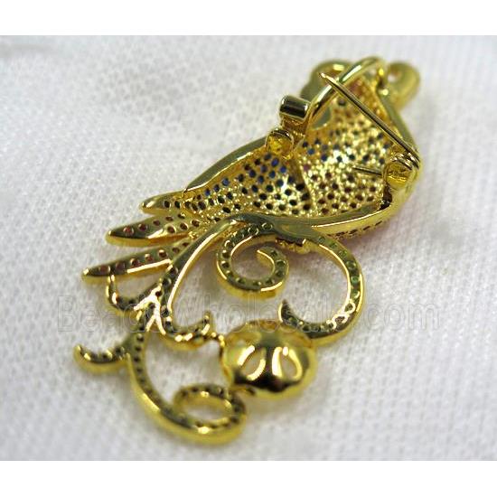 copper peacock brooch paved zircon, gold plated