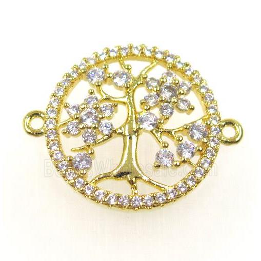 copper connector paved zircon, tree of life, gold plated