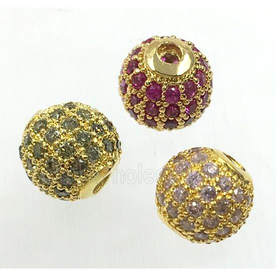 round copper beads pave zircon, gold plated, mix
