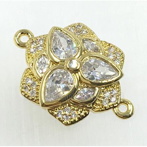 copper flower connector pave zircon, gold plated