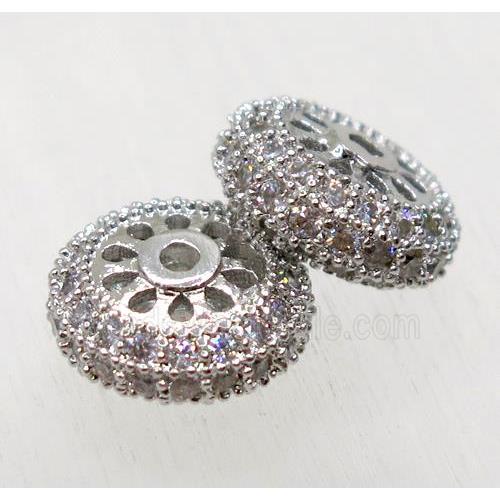 copper rondelle beads paved zircon, platinum plated