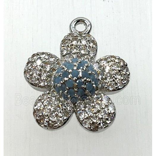 copper flower pendant paved zircon, platinum plated