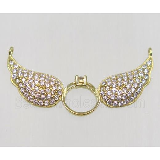 raw Brass Angel wing pendant paved zircon with 2loops