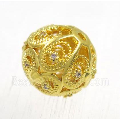 round copper beads pave zircon, gold plated