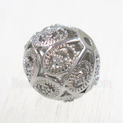 round copper beads pave zircon, platinum plated