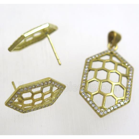 Raw Brass pendant and earring studs paved zircon