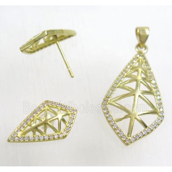 Raw Brass pendant and earring studs paved zircon