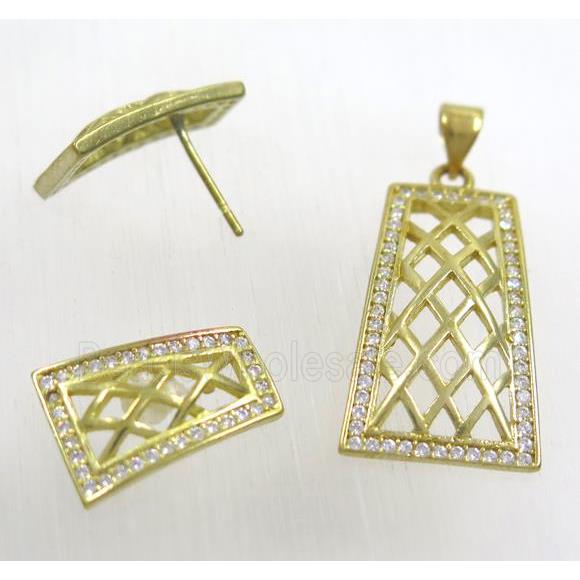 Raw Brass pendant and earring studs paved zircon