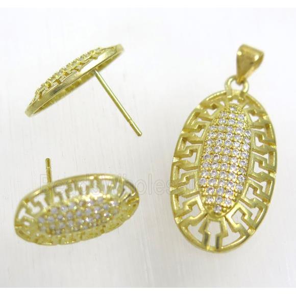 Raw Brass pendant and earring studs paved zircon