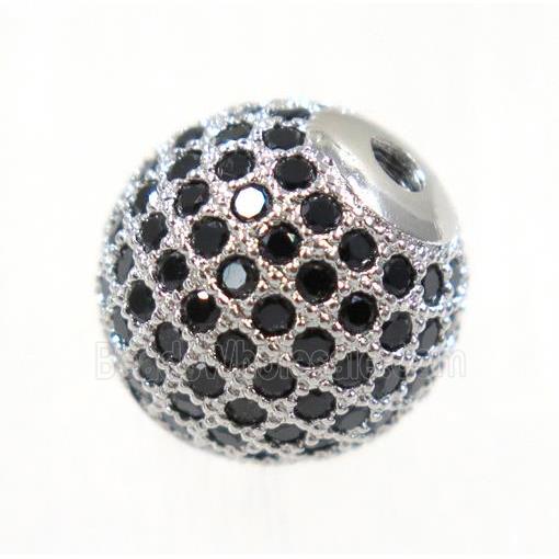 round copper beads paved black zircon, platinum plated