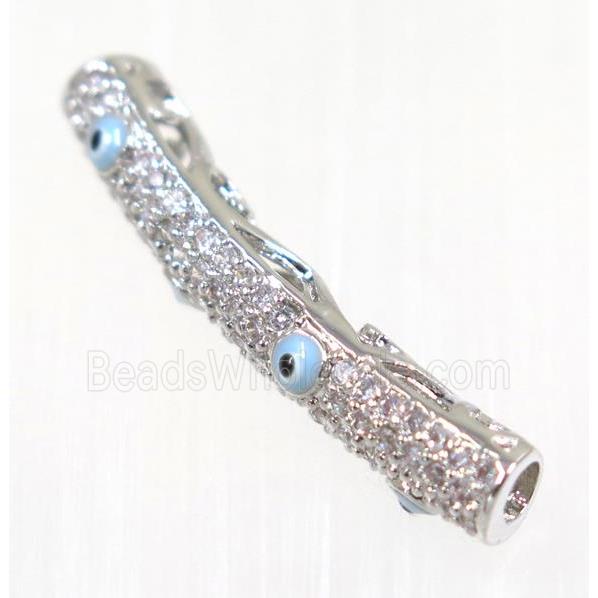 copper tube beads paved zircon with evil eye, platinum plated