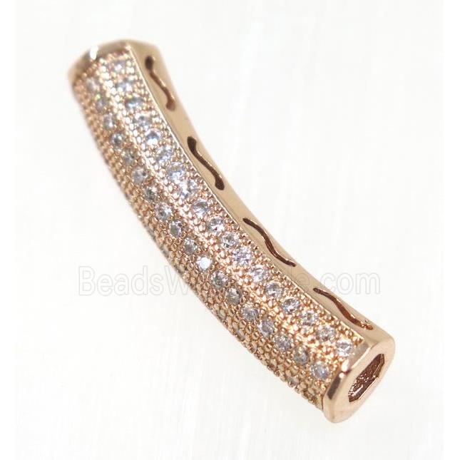 copper curving tube beads paved zircon, rose gold