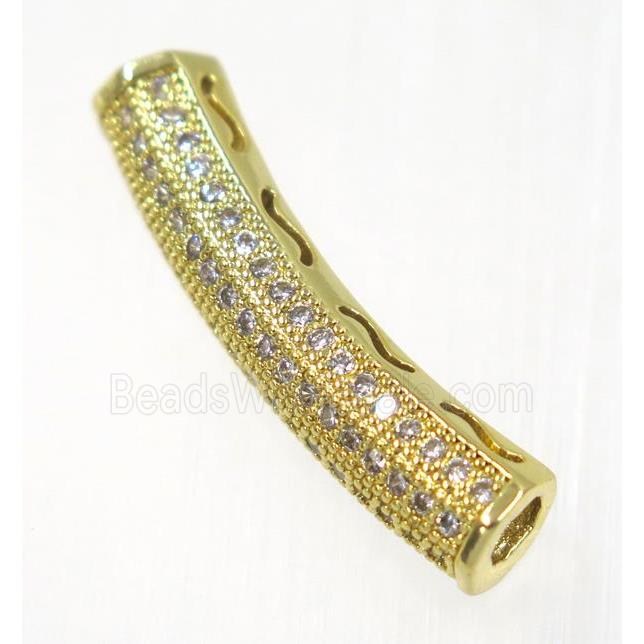 copper curving tube beads paved zircon, gold plated