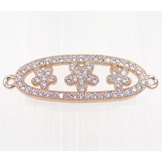 copper oval connector paved zircon with flower, rose gold
