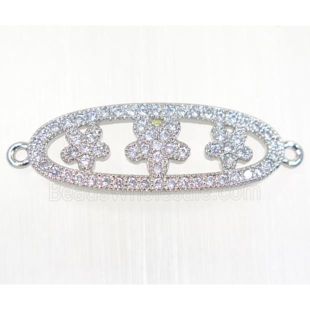 copper oval connector paved zircon with flower, platinum plated