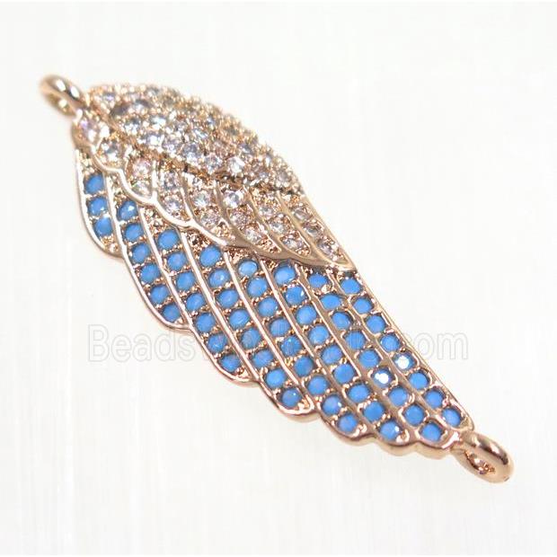 copper Wing connector paved zircon, rose gold, turq