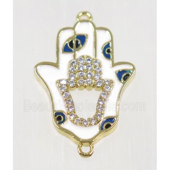 copper Hamsahand connector paved zircon with evil eye, gold plated