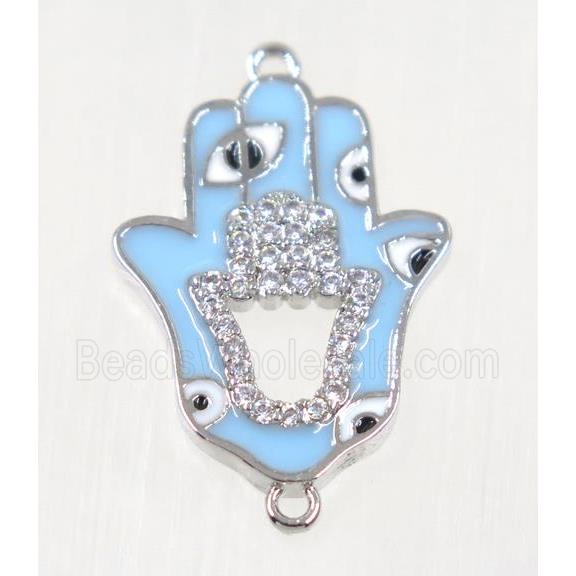 copper Hamsahand connector paved zircon with evil eye, platinum plated