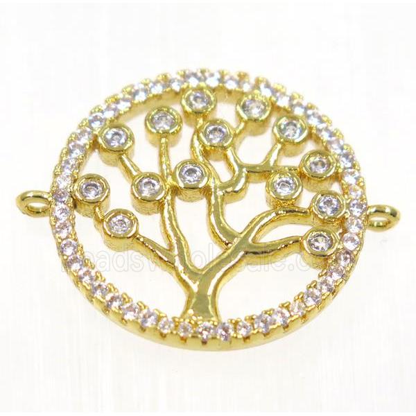 copper Tree Of Life connector paved zircon, gold plated