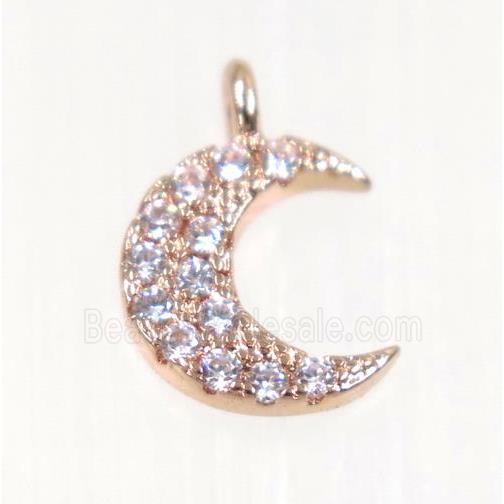 copper Crescent moon pendant paved zircon, rose gold