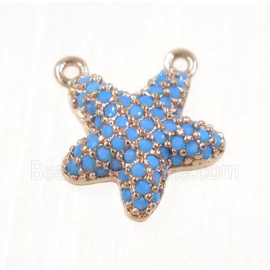 copper Starfish pendant paved zircon with 2loops, rose gold, turq