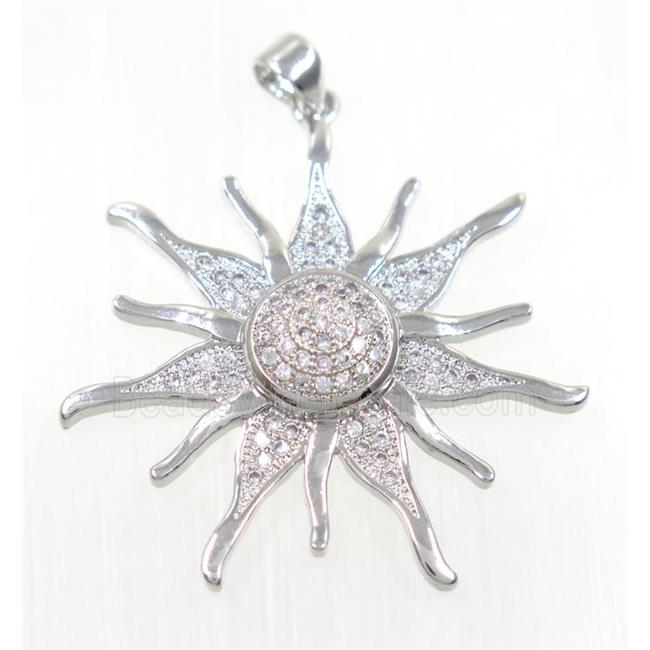 copper SunFlower pendant paved zircon, platinum plated