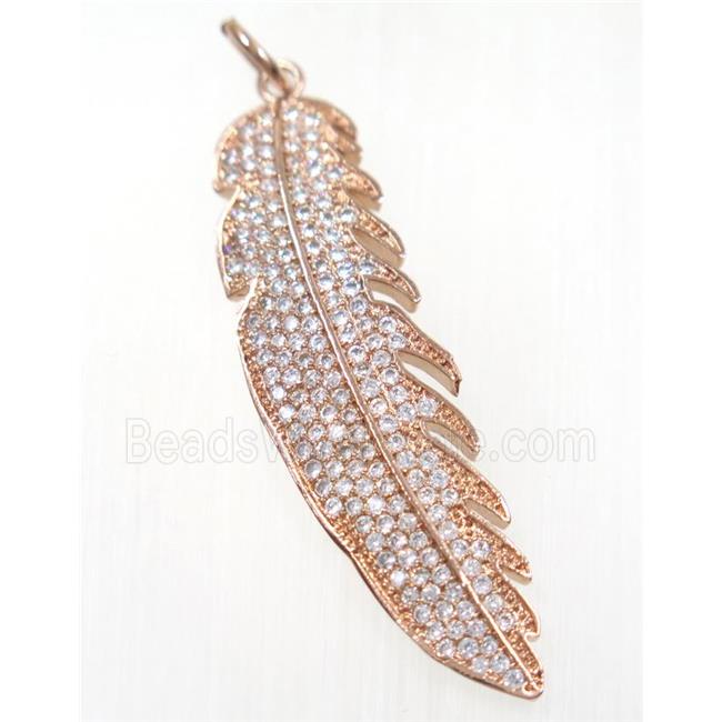 copper Feather pendant paved zircon, rose gold