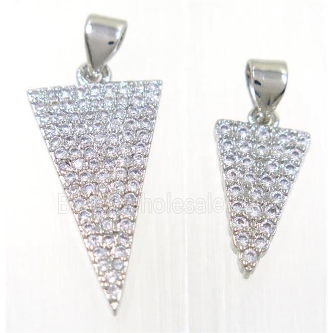 copper Triangle pendant paved zircon, platinum plated