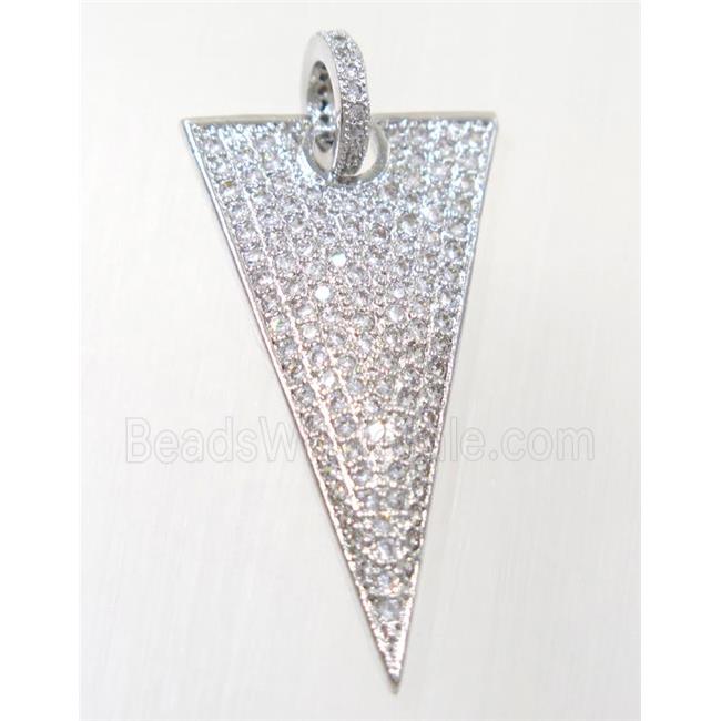 copper Triangle pendant paved zircon, platinum plated