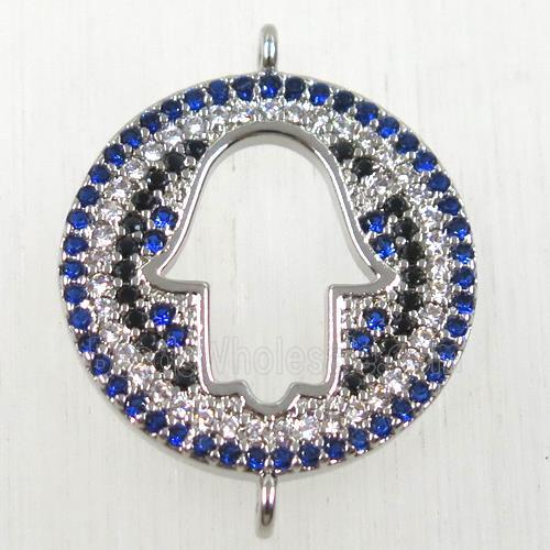 copper hamsahand connector paved zircon, platinum plated