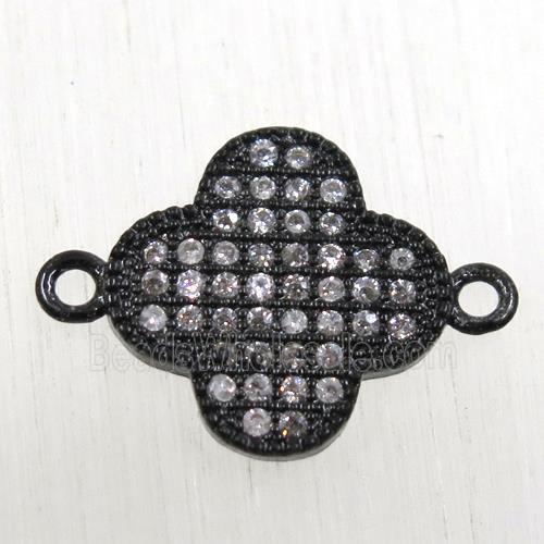 copper connector paved zircon, four-leaf Clover, black plated