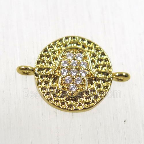 copper circle connector paved zircon with hamsahand, gold plated