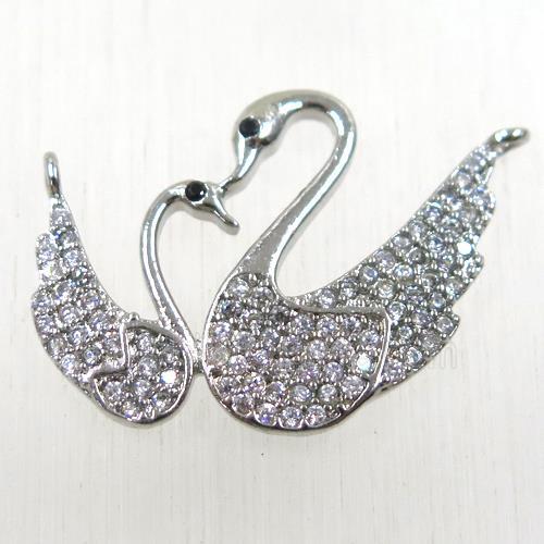 copper couple swan pendant paved zircon with 2loops, platinum plated