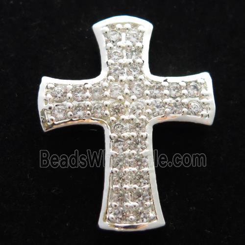 copper cross beads pave zircon, silver plated