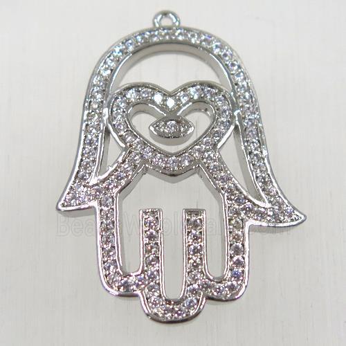copper hamsahand pendant pave zircon, platinum plated