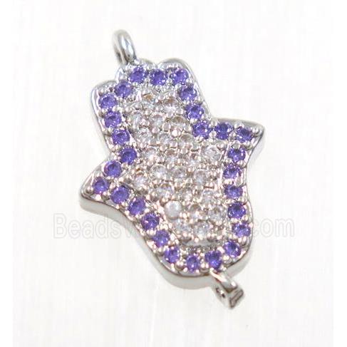 copper hamsahand connector pave zircon, platinum plated