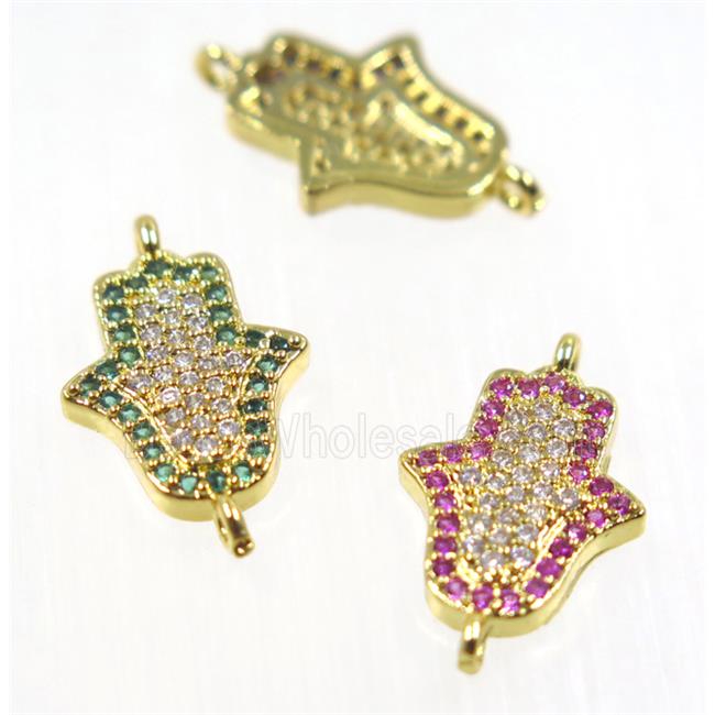 copper hamsahand connector pave zircon, gold plated, mix