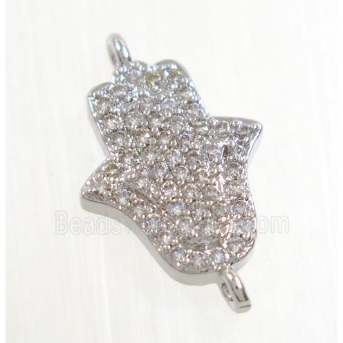 copper hamsahand connector pave zircon, platinum plated