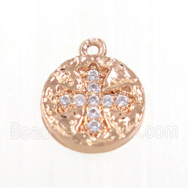 copper button cross pendant pave zircon, rose gold